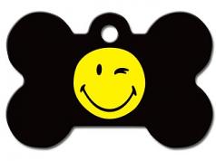 Engraved ID Tag:  Small Bone Shape Winking Smiley