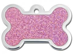 Engraved ID Tag:  Large Bone Shape Chrome with Pink Hologram Sparkle Epoxy